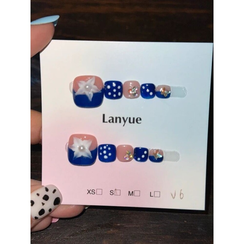 Blue French Tip Floral Press On Toe Nails Size Small